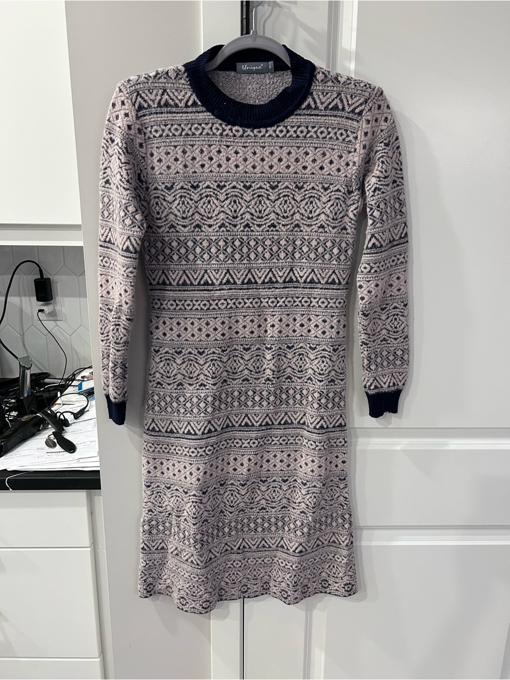 Unique Pink Navy Geometric Patterned Long Sleeve Knit Sweater Dress Cozy Winter